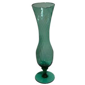 Vintage Hand-Blown Green Glass Vase With Swirl Pattern Pedestal Base 8" MCM